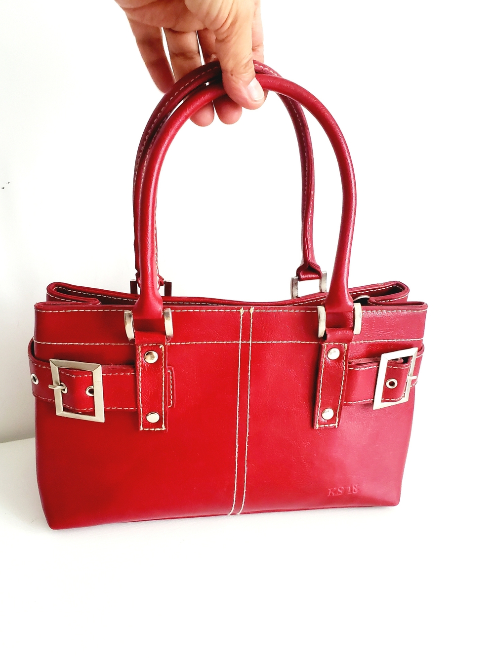 Classic Red  Vegan Leather Shoulder Bag with Buckle Detail